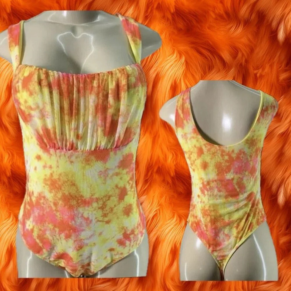 Leith Norstrom Jrs XL Yellow-Orange Tie-Dye Ruched Square Neck Tank Top Bodysuit - Picture 1 of 6